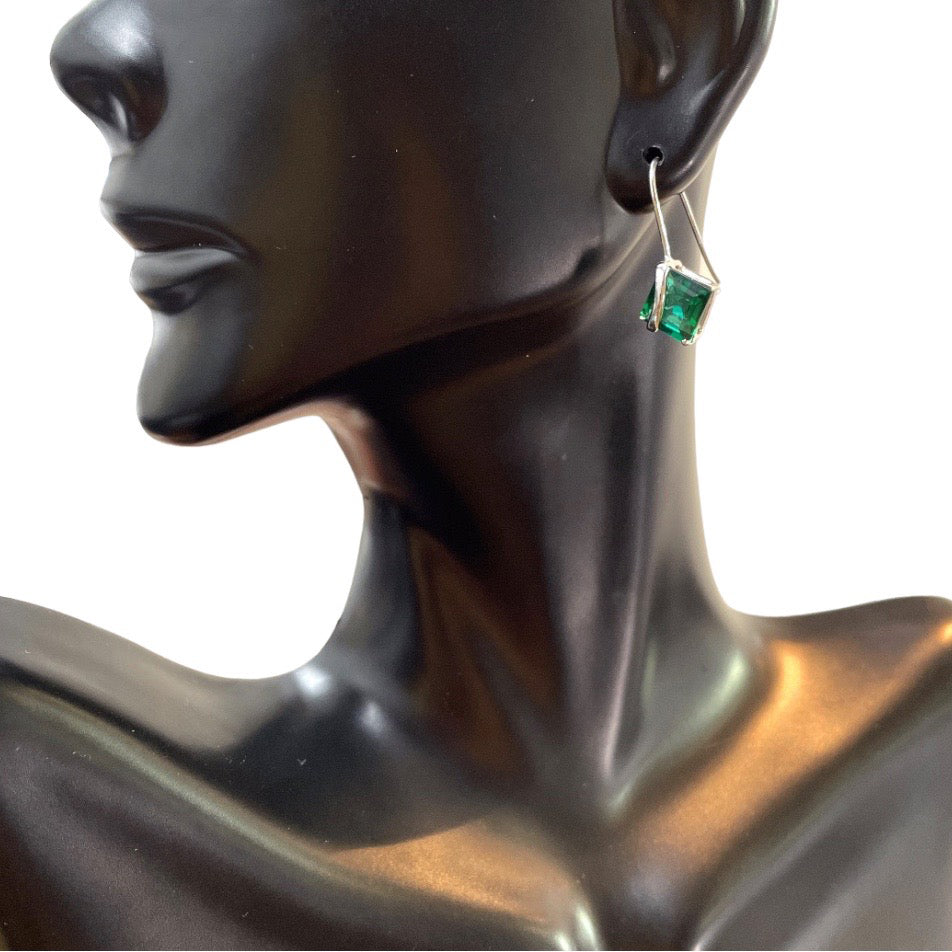 Exquisite 10K White Gold Square Cut Emerald Earrings