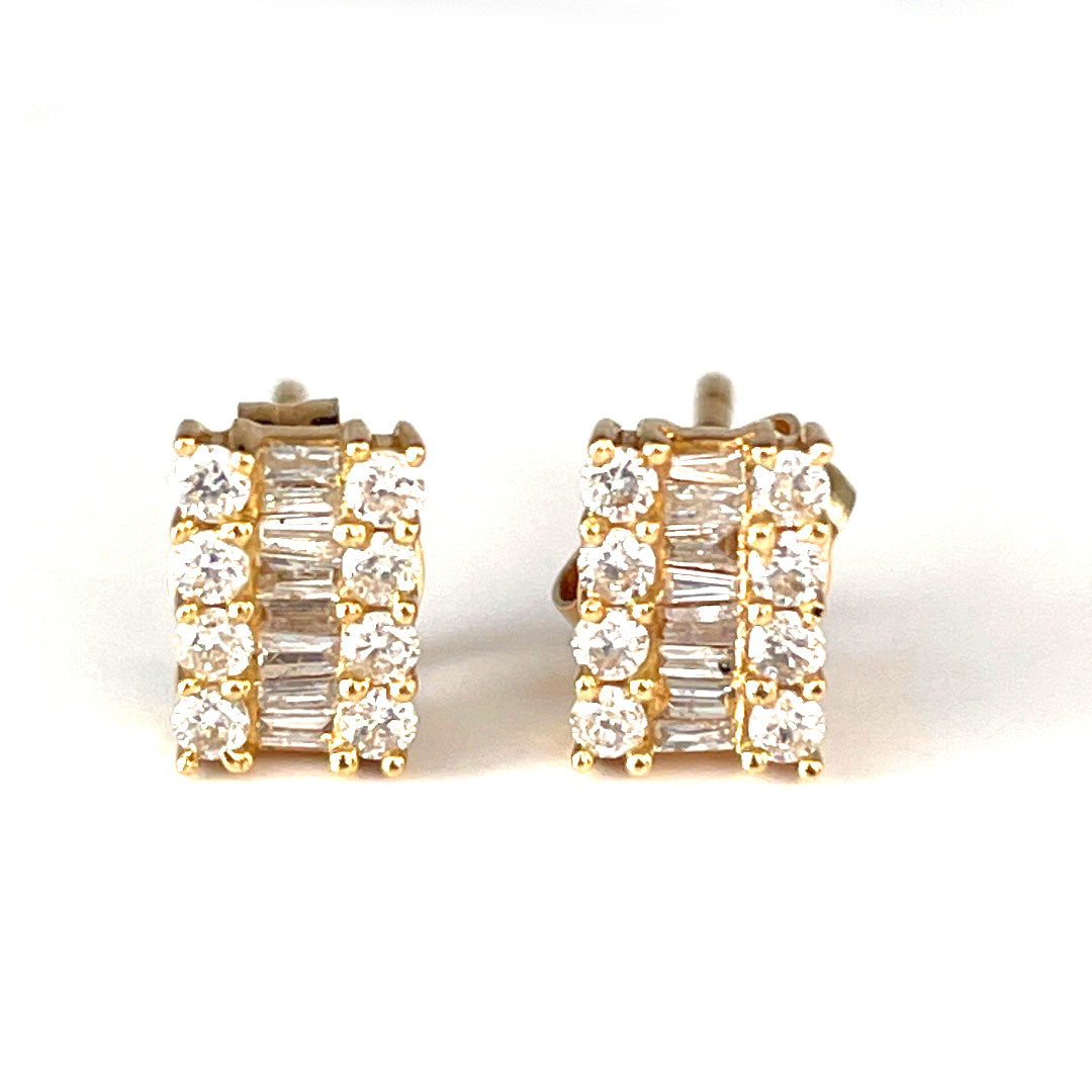 Classic 18K Yellow Gold or White Gold Round and Baguette Diamond Stud Earrings