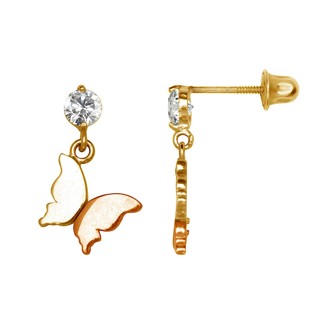 Charming 14K Solid two tone Butterfly Earrings with Screwback in Yellow Gold Or White Gold