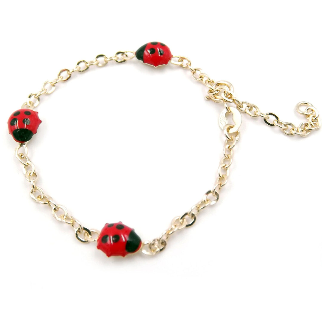 Child's 14k Yellow Gold Station Ladybug  5.3/4" Bracelet with Red and Black Enamel