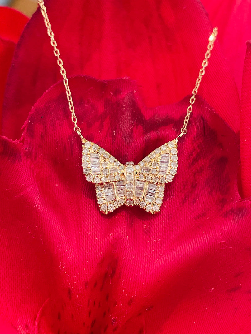 Lightweight 14k Yellow Gold or White Gold Butterfly Diamond Necklace