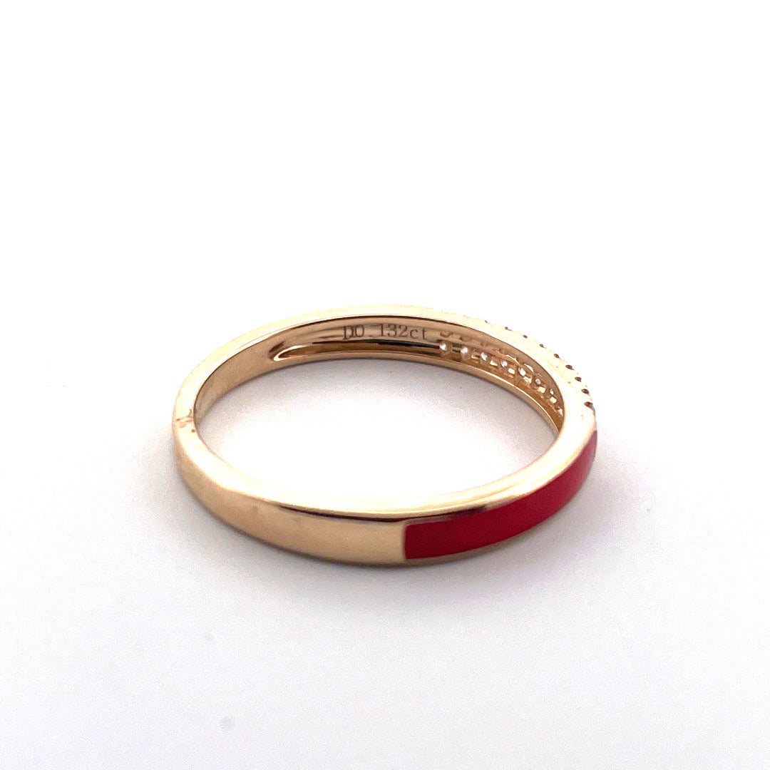 14K Yellow Gold Red Enamel Diamond Ring