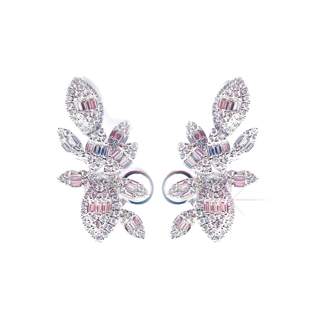 Exquisite and Elegant 18K White Gold Oval Diamond Leaf Earrings