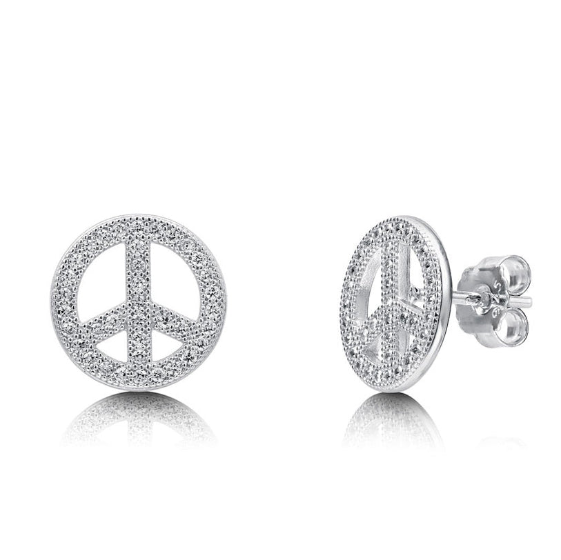 14K Gold Peace Sign Post Earrings in White Gold or Yellow Gold