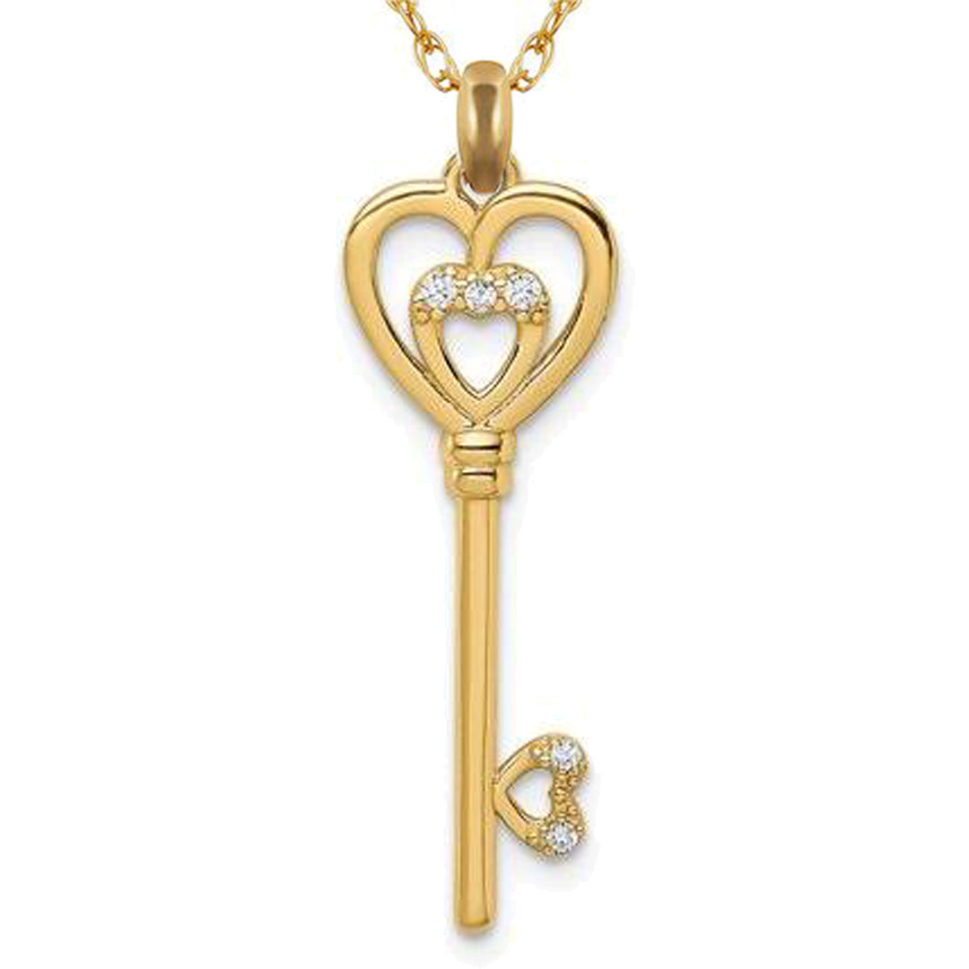 Elegant 14K Gold Solid Heart Long Key Pendant