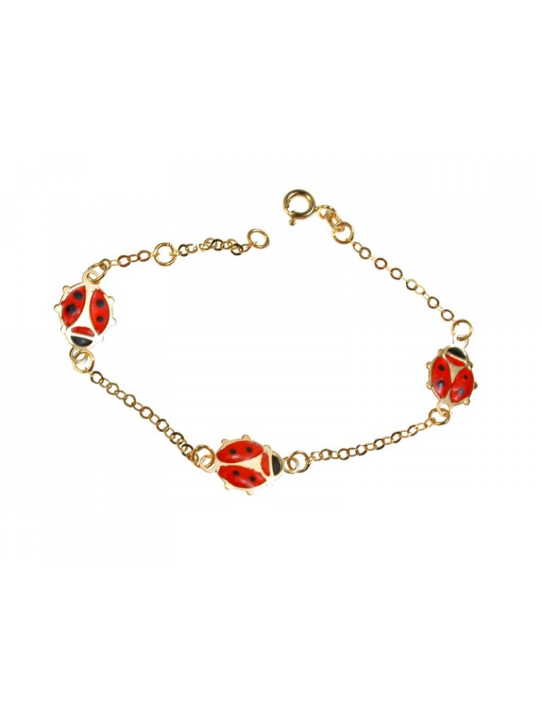 Child's 14k Yellow Gold Station Ladybug  5.3/4" Bracelet with Red and Black Enamel