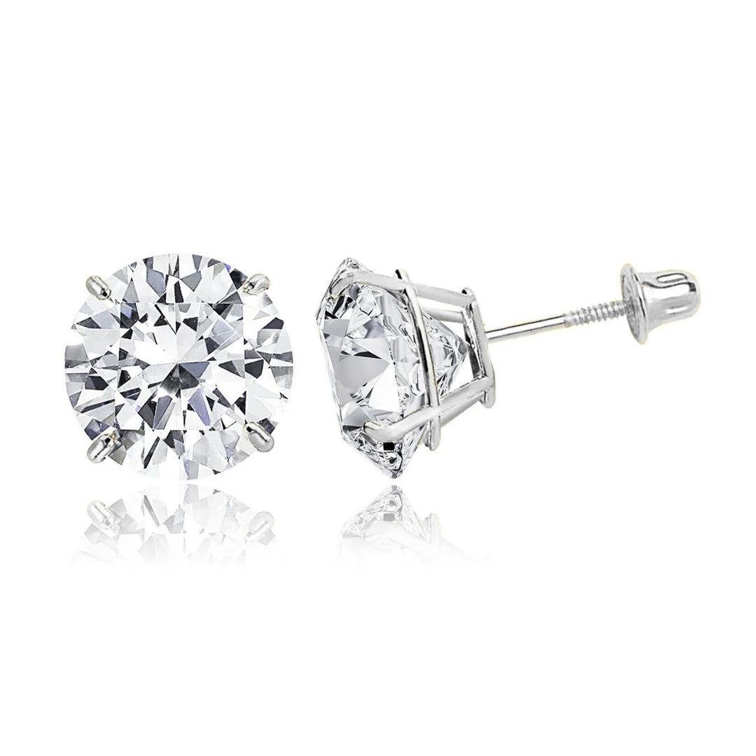 14K White Gold Basket Set Screwback Earrings with CZ in Various Stone Sizes