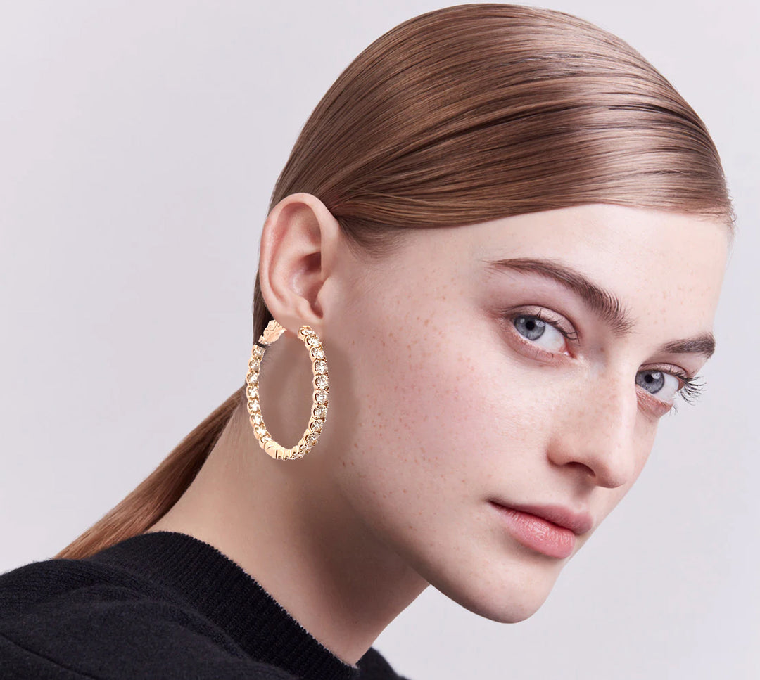 Luxurious 14k Yellow Gold Hoop Diamond Earrings