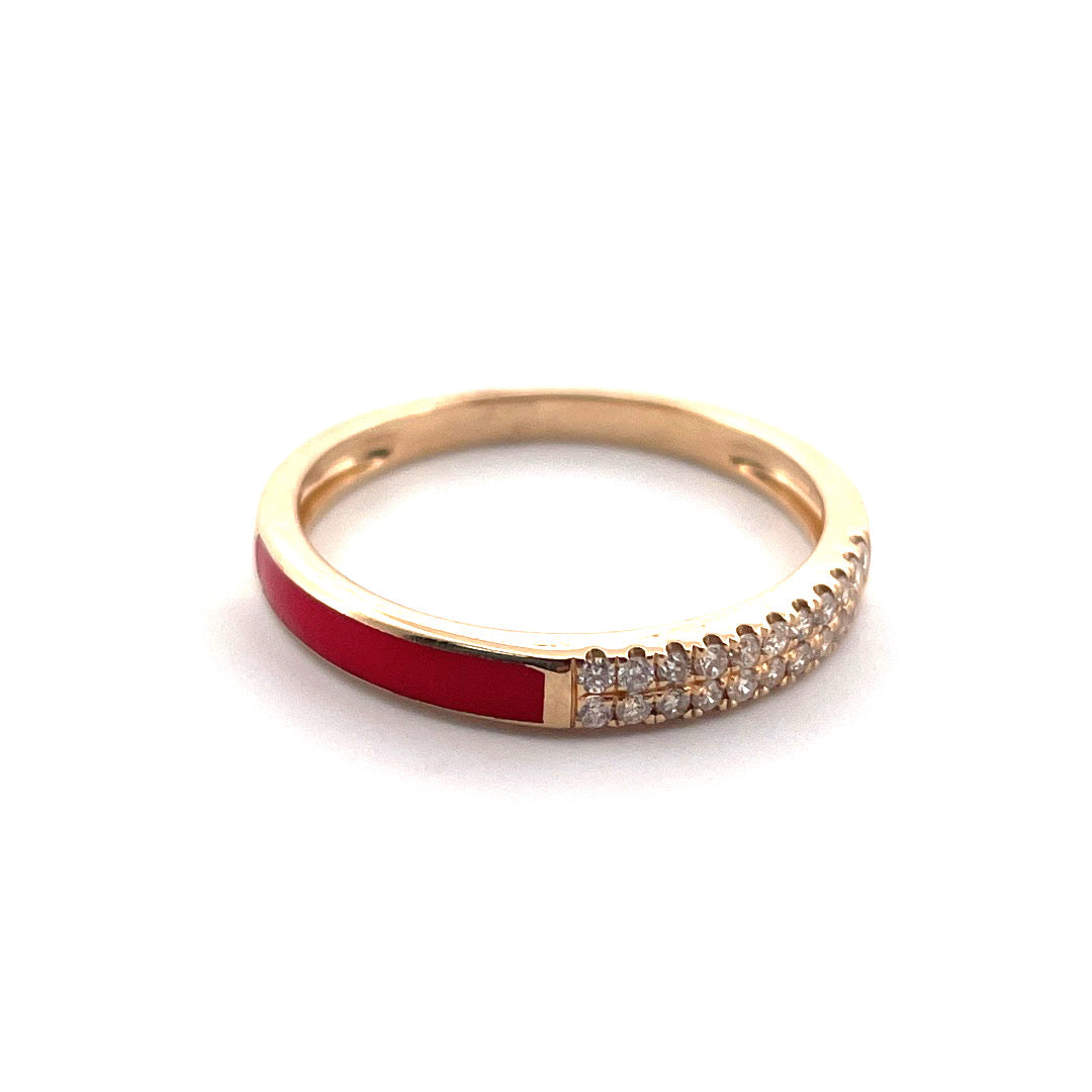 14K Yellow Gold Red Enamel Diamond Ring