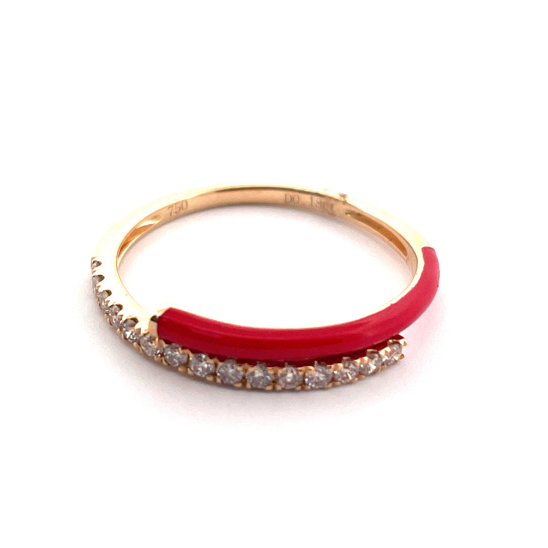 14K Yellow Gold Red Enamel Diamond Ring